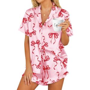 HOTOUCH Womens Satin Pajamas Set Button Down 2 Piece Silk Pjs Shorts Set Ruffle Lingerie Notch Collar Sleepwear(Bow)