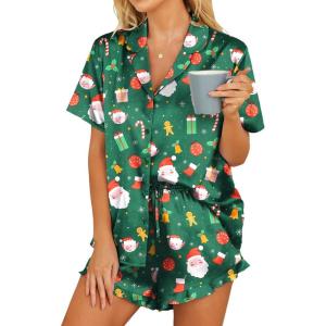 HOTOUCH Womens Satin Pajamas Set Button Down 2 Piece Silk Pjs Shorts Set Ruffle Lingerie Notch Collar Sleepwear(Christmas Green)