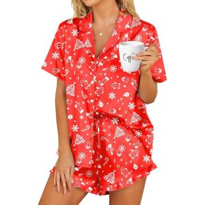 HOTOUCH Womens Satin Pajamas Set Button Down 2 Piece Silk Pjs Shorts Set Ruffle Lingerie Notch Collar Sleepwear(Christmas Red)