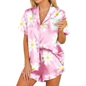 HOTOUCH Womens Satin Pajamas Set Button Down 2 Piece Silk Pjs Shorts Set Ruffle Lingerie Notch Collar Sleepwear(Floral Pink)