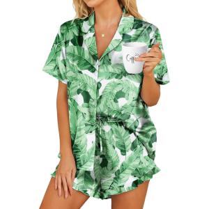 HOTOUCH Womens Satin Pajamas Set Button Down 2 Piece Silk Pjs Shorts Set Ruffle Lingerie Notch Collar Sleepwear(Green Leaf)