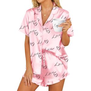 HOTOUCH Womens Satin Pajamas Set Button Down 2 Piece Silk Pjs Shorts Set Ruffle Lingerie Notch Collar Sleepwear(Lettter-love)
