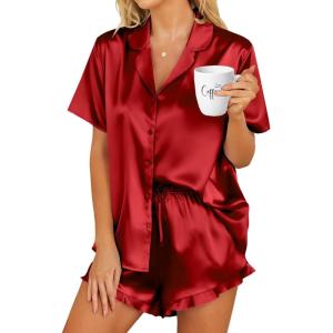HOTOUCH Womens Satin Pajamas Set Button Down 2 Piece Silk Pjs Shorts Set Ruffle Lingerie Notch Collar Sleepwear(Red)