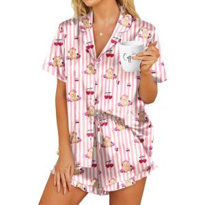 HOTOUCH Womens Satin Pajamas Set Button Down 2 Piece Silk Pjs Shorts Set Ruffle Lingerie Notch Collar Sleepwear(Teddy Bear)
