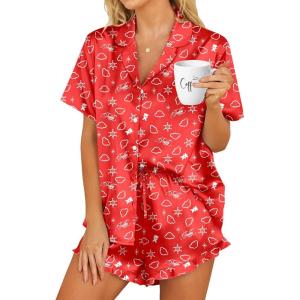 HOTOUCH Womens Satin Pajamas Set Button Down 2 Piece Silk Pjs Shorts Set Ruffle Lingerie Notch Collar Sleepwear(Teddy Bear-a)