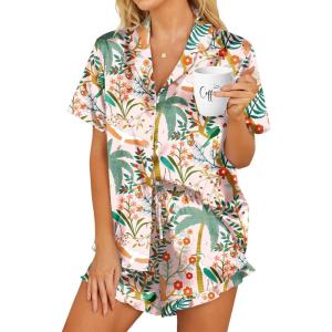 HOTOUCH Womens Satin Pajamas Set Button Down 2 Piece Silk Pjs Shorts Set Ruffle Lingerie Notch Collar Sleepwear(Vitality Flower)
