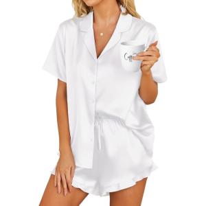 HOTOUCH Womens Satin Pajamas Set Button Down 2 Piece Silk Pjs Shorts Set Ruffle Lingerie Notch Collar Sleepwear(White)