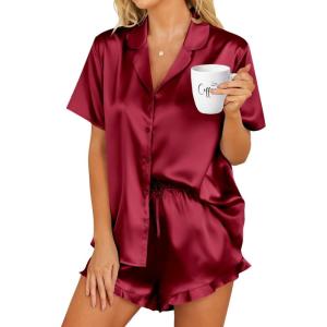 HOTOUCH Womens Satin Pajamas Set Button Down 2 Piece Silk Pjs Shorts Set Ruffle Lingerie Notch Collar Sleepwear(Wine Red)