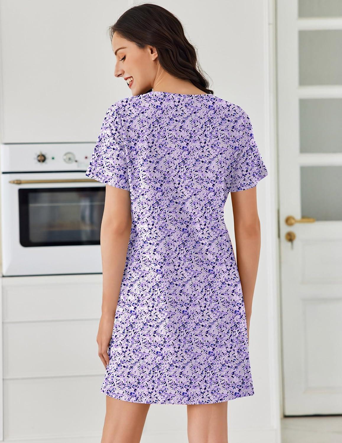 imageEkouaer Cotton Nightgowns for Women Short Sleeve Sleep Shirts Pleated Night Shirts Soft Crew Neck Night GownPurple Flowers