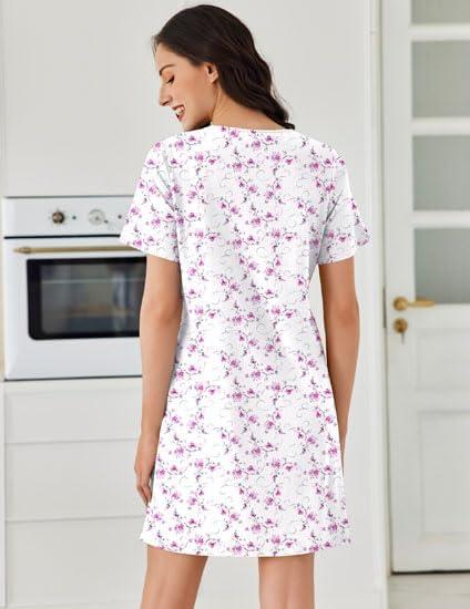 imageEkouaer Cotton Nightgowns for Women Short Sleeve Sleep Shirts Pleated Night Shirts Soft Crew Neck Night GownWhite Flowers