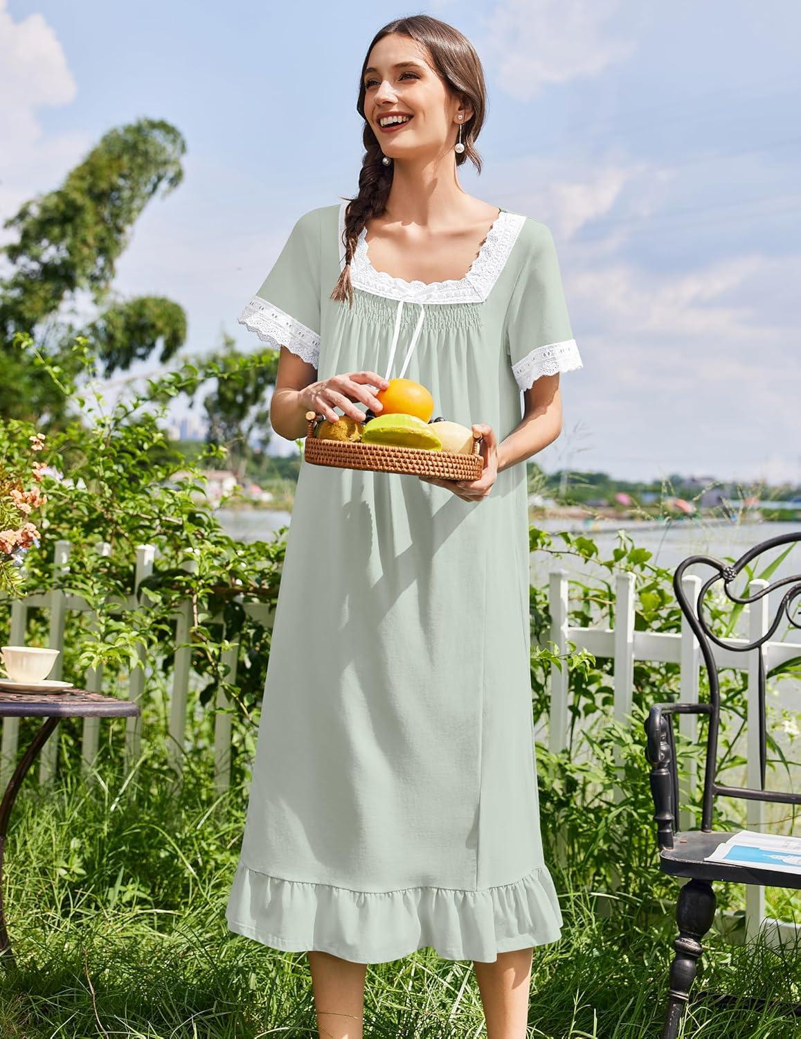 imageEkouaer Cotton Nightgowns for Women Vintage Victorian Nightgown Short Sleeve Lace Night Gown Long Nightdress Soft NightshirtLight Green