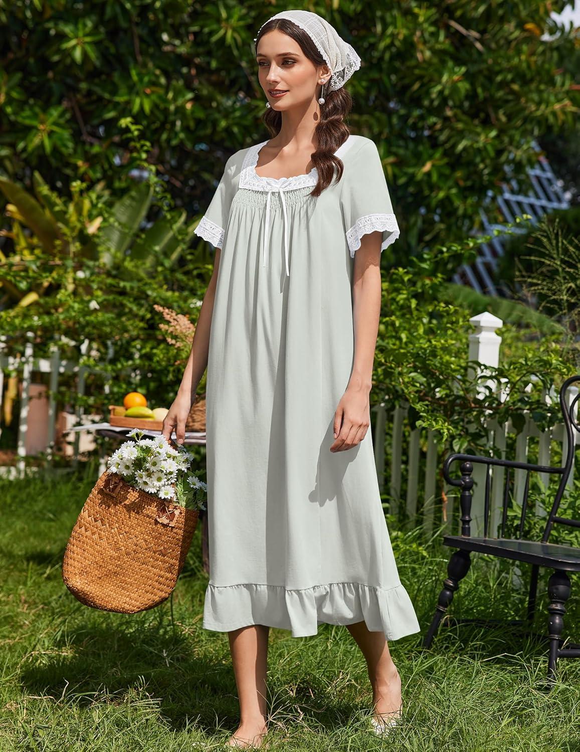imageEkouaer Cotton Nightgowns for Women Vintage Victorian Nightgown Short Sleeve Lace Night Gown Long Nightdress Soft NightshirtLight Green