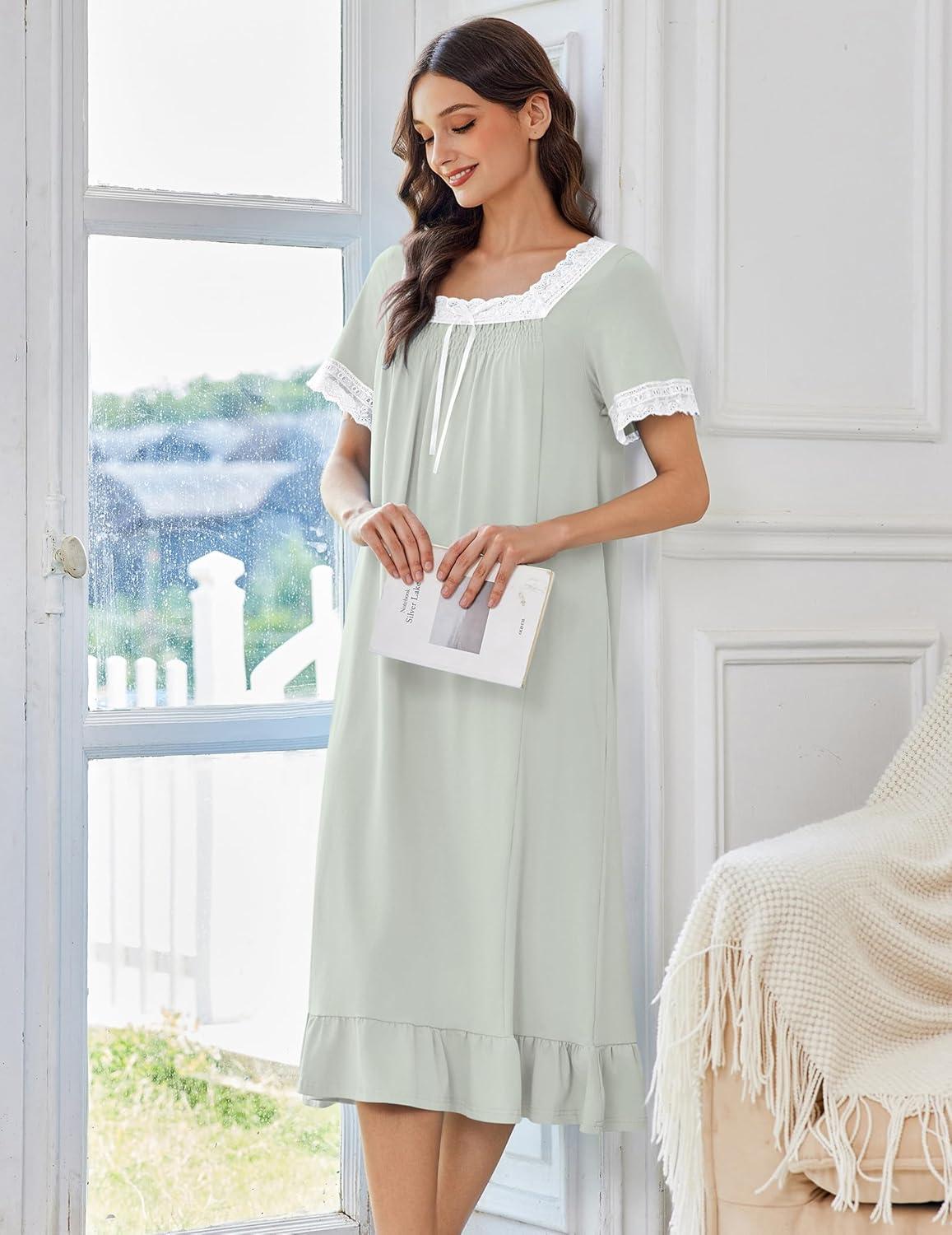 imageEkouaer Cotton Nightgowns for Women Vintage Victorian Nightgown Short Sleeve Lace Night Gown Long Nightdress Soft NightshirtLight Green