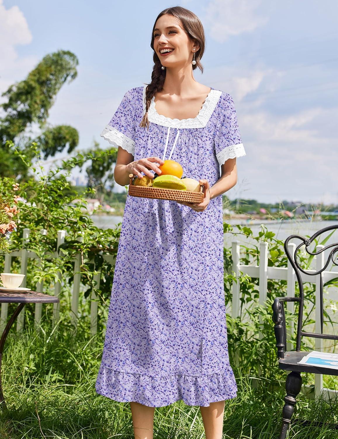 imageEkouaer Cotton Nightgowns for Women Vintage Victorian Nightgown Short Sleeve Lace Night Gown Long Nightdress Soft NightshirtPurple Flowers