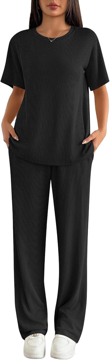 imageEkouaer Lounge Sets for Women 2 Piece Matching Travel Outfits 2026 Loose Short Sleeve Top Wide Leg Pants PocketsBlack
