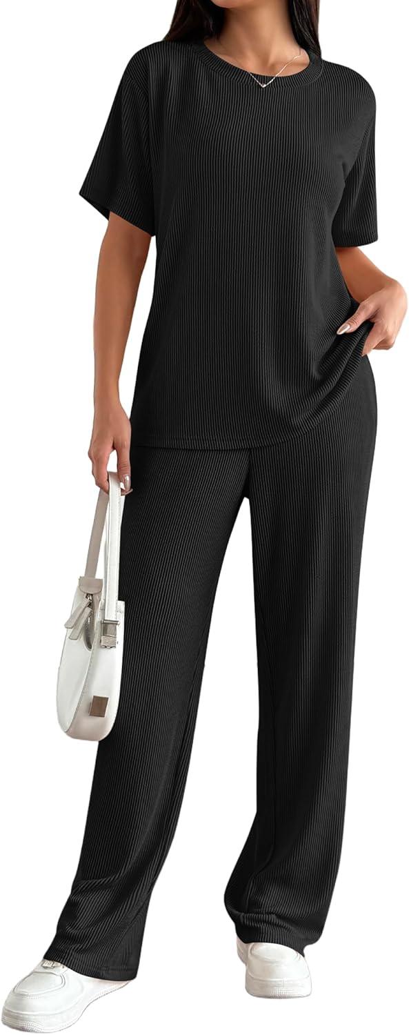 imageEkouaer Lounge Sets for Women 2 Piece Matching Travel Outfits 2026 Loose Short Sleeve Top Wide Leg Pants PocketsBlack