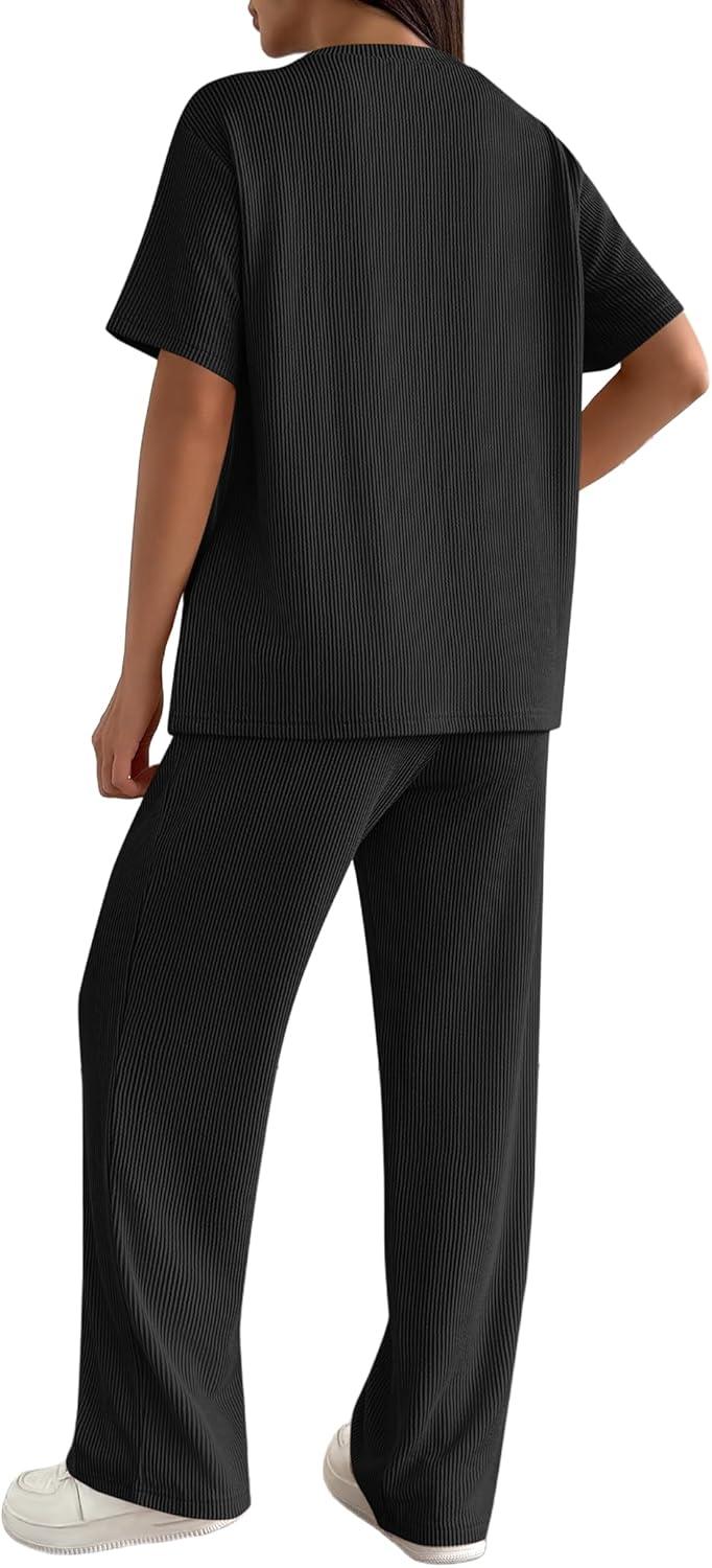 imageEkouaer Lounge Sets for Women 2 Piece Matching Travel Outfits 2026 Loose Short Sleeve Top Wide Leg Pants PocketsBlack
