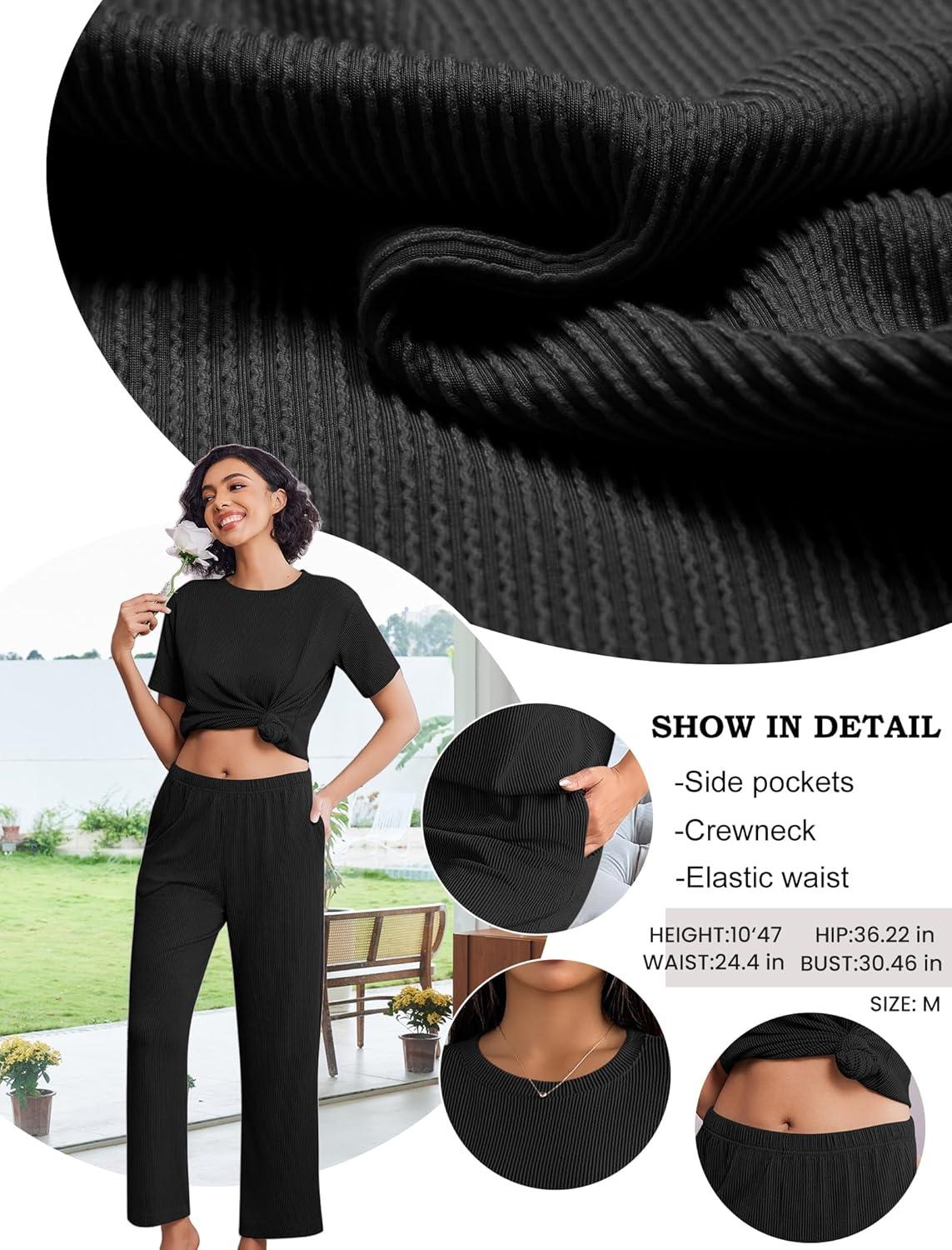 imageEkouaer Lounge Sets for Women 2 Piece Matching Travel Outfits 2026 Loose Short Sleeve Top Wide Leg Pants PocketsBlack