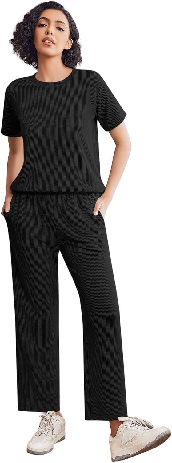 imageEkouaer Lounge Sets for Women 2 Piece Matching Travel Outfits 2026 Loose Short Sleeve Top Wide Leg Pants PocketsBlack
