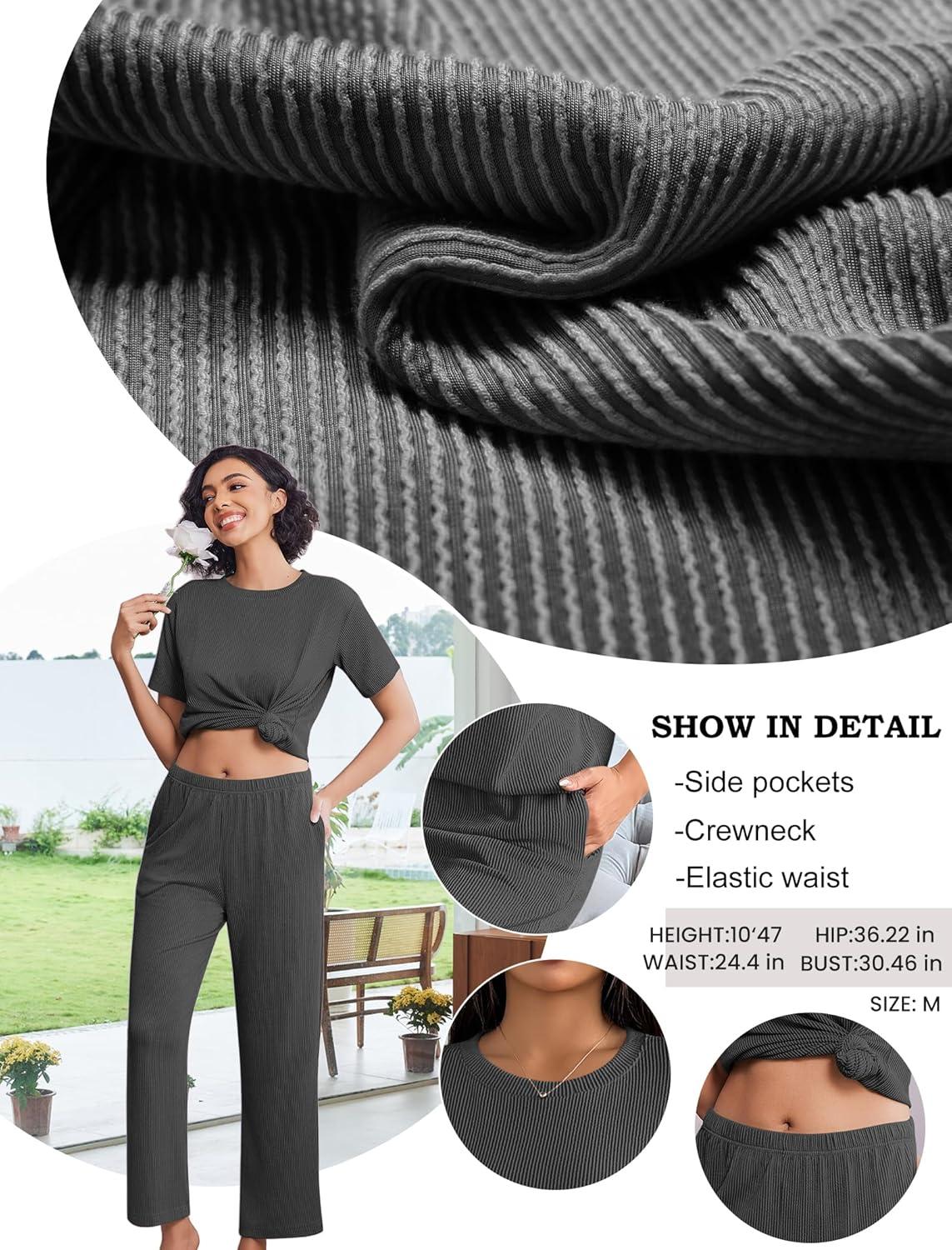imageEkouaer Lounge Sets for Women 2 Piece Matching Travel Outfits 2026 Loose Short Sleeve Top Wide Leg Pants PocketsDark Grey