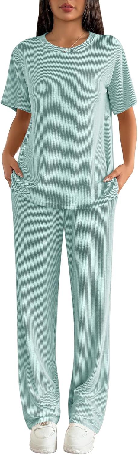 imageEkouaer Lounge Sets for Women 2 Piece Matching Travel Outfits 2026 Loose Short Sleeve Top Wide Leg Pants PocketsGlacial Green