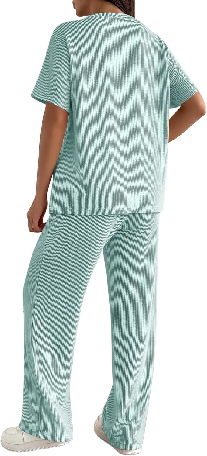 imageEkouaer Lounge Sets for Women 2 Piece Matching Travel Outfits 2026 Loose Short Sleeve Top Wide Leg Pants PocketsGlacial Green