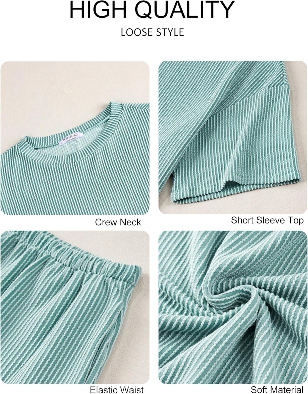 imageEkouaer Lounge Sets for Women 2 Piece Matching Travel Outfits 2026 Loose Short Sleeve Top Wide Leg Pants PocketsGlacial Green