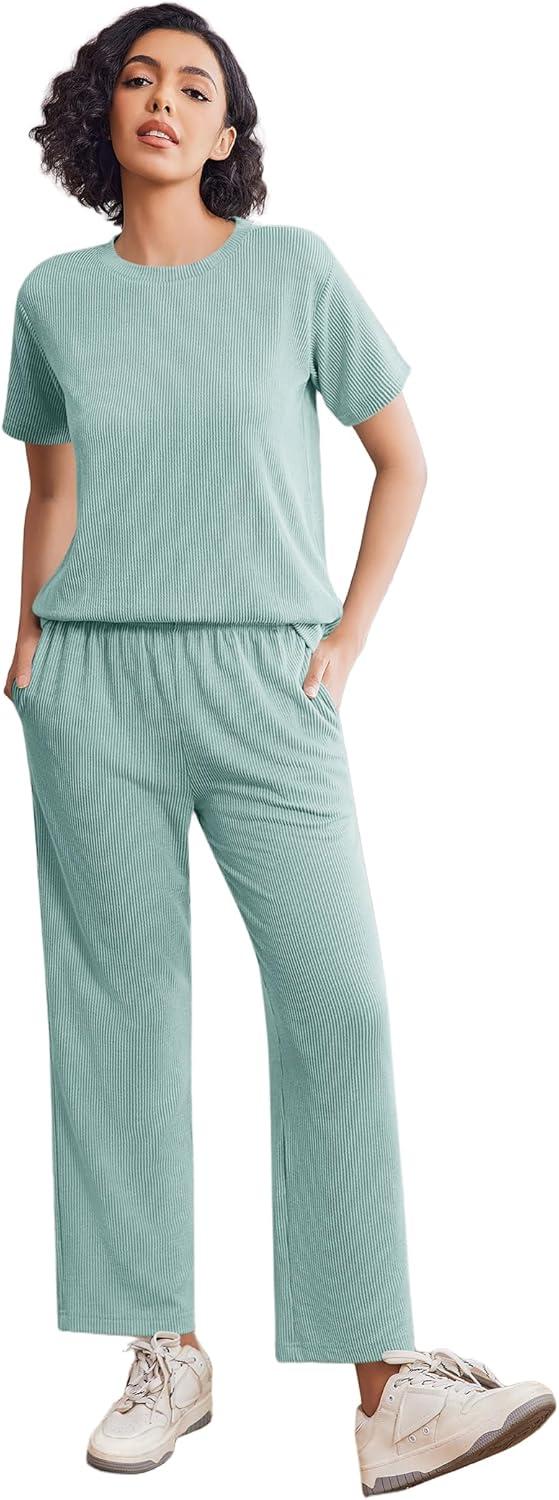 imageEkouaer Lounge Sets for Women 2 Piece Matching Travel Outfits 2026 Loose Short Sleeve Top Wide Leg Pants PocketsGlacial Green