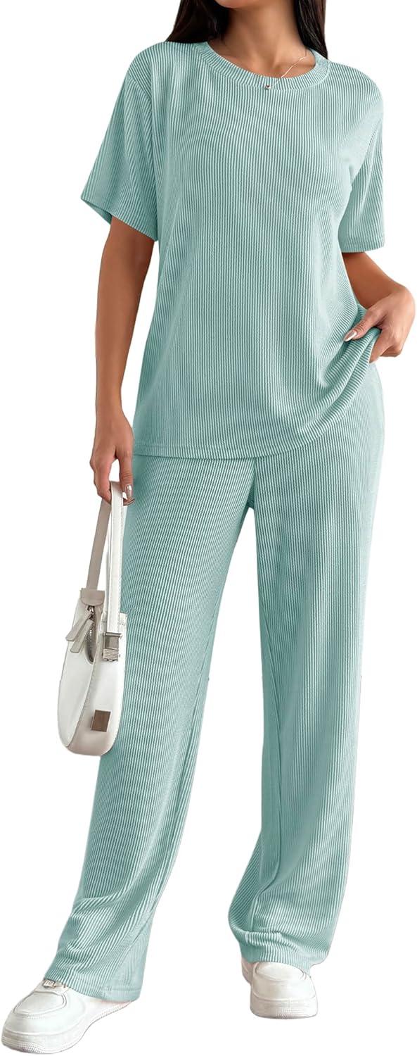imageEkouaer Lounge Sets for Women 2 Piece Matching Travel Outfits 2026 Loose Short Sleeve Top Wide Leg Pants PocketsGlacial Green