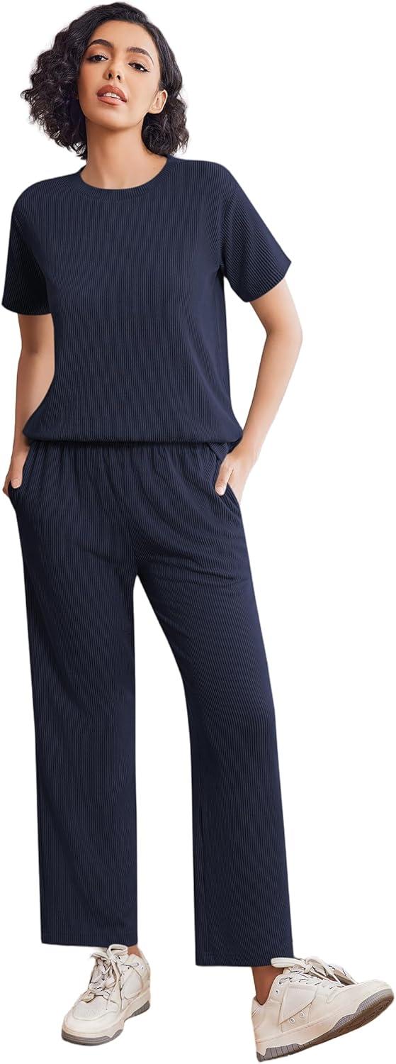 imageEkouaer Lounge Sets for Women 2 Piece Matching Travel Outfits 2026 Loose Short Sleeve Top Wide Leg Pants PocketsNavy Blue