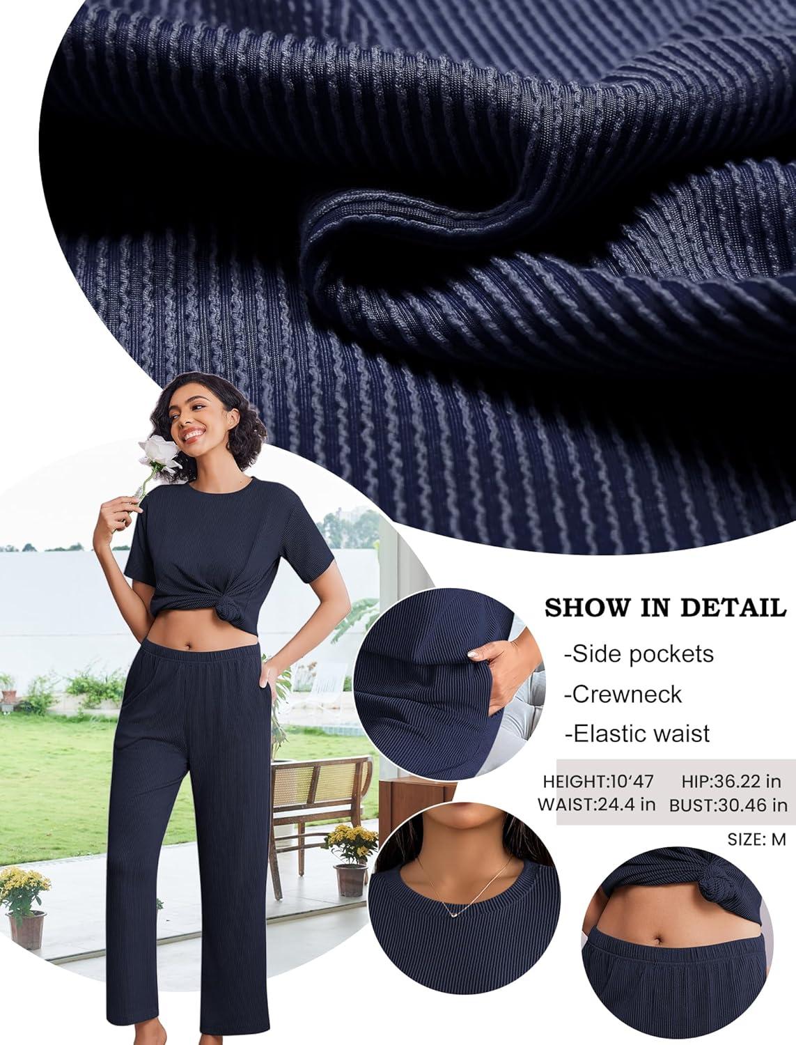 imageEkouaer Lounge Sets for Women 2 Piece Matching Travel Outfits 2026 Loose Short Sleeve Top Wide Leg Pants PocketsNavy Blue