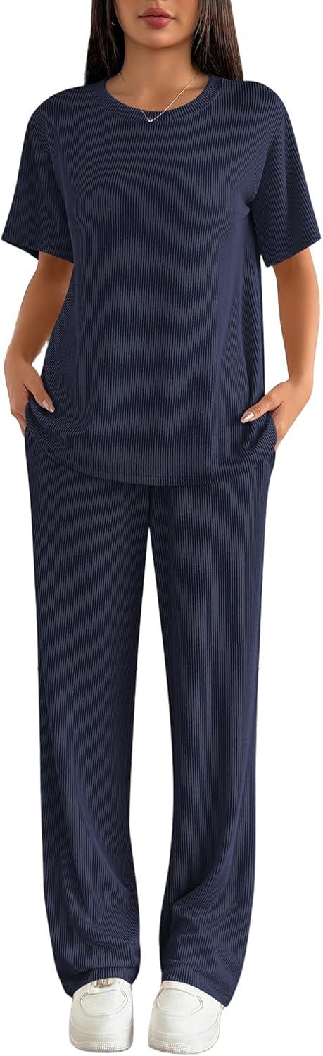 imageEkouaer Lounge Sets for Women 2 Piece Matching Travel Outfits 2026 Loose Short Sleeve Top Wide Leg Pants PocketsNavy Blue