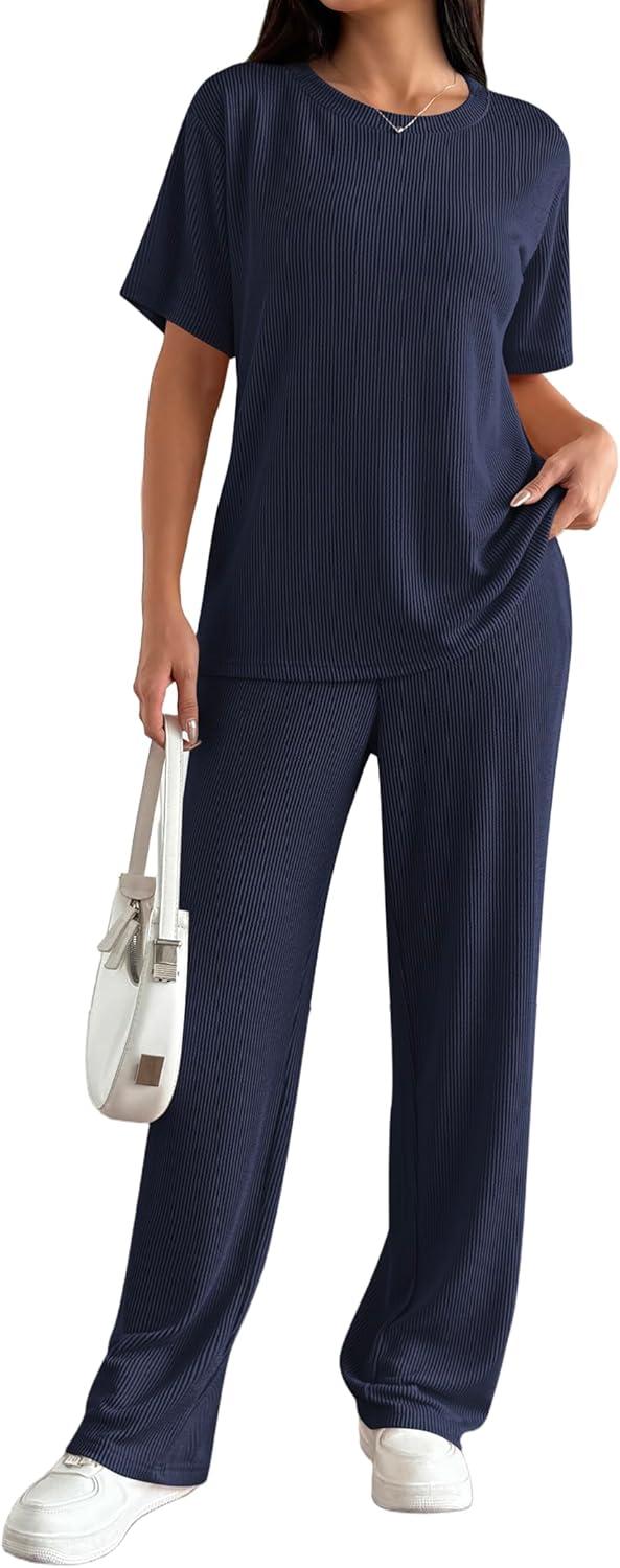 imageEkouaer Lounge Sets for Women 2 Piece Matching Travel Outfits 2026 Loose Short Sleeve Top Wide Leg Pants PocketsNavy Blue
