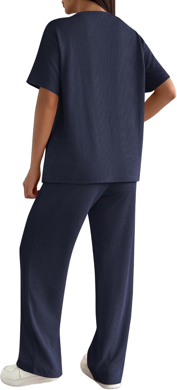 imageEkouaer Lounge Sets for Women 2 Piece Matching Travel Outfits 2026 Loose Short Sleeve Top Wide Leg Pants PocketsNavy Blue