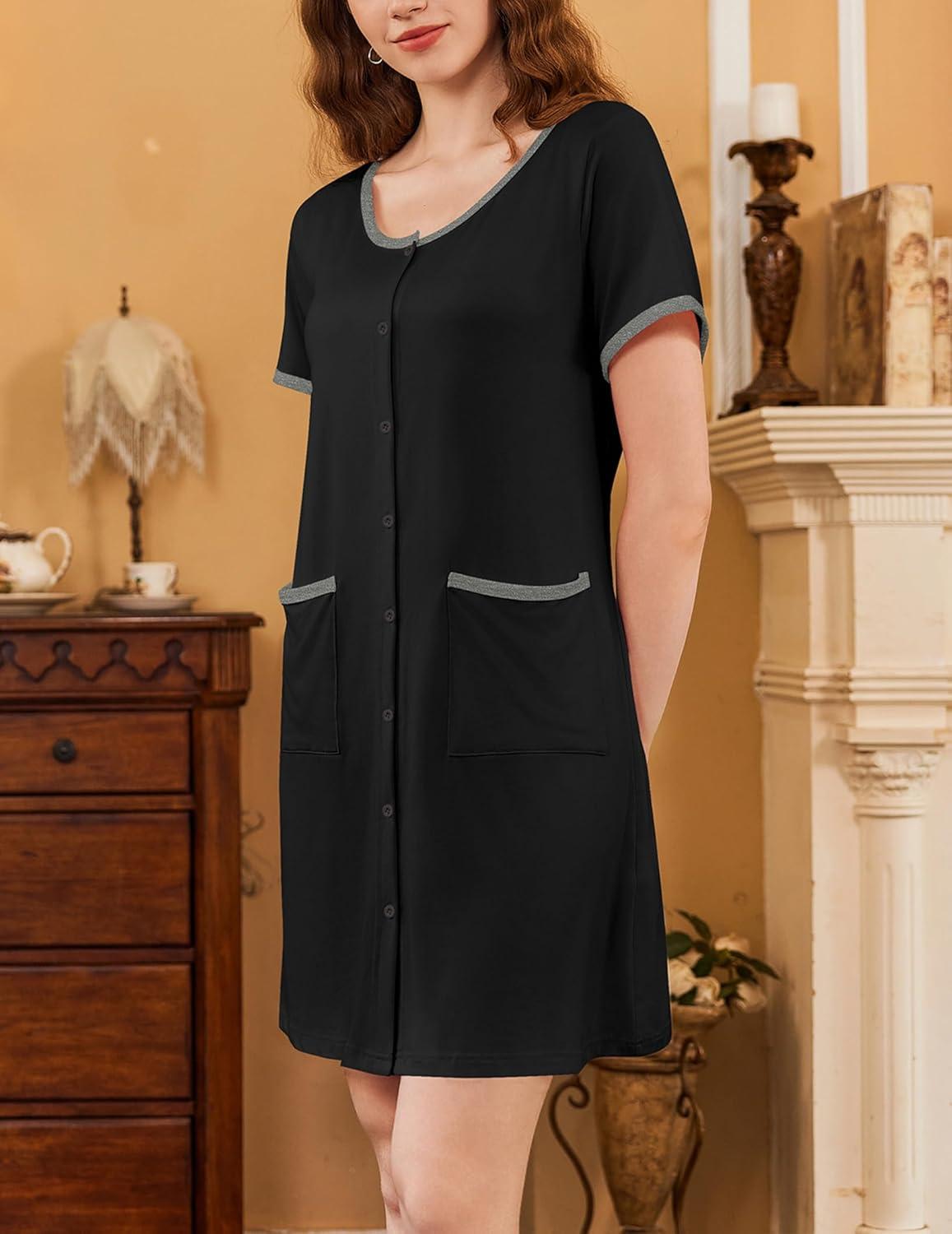 imageEkouaer Nightgowns for Women 2 Pack Button Down Sleep Shirts Short Sleeve Nightshirt Sleepwear House Dress with PocketsBlackMint Green