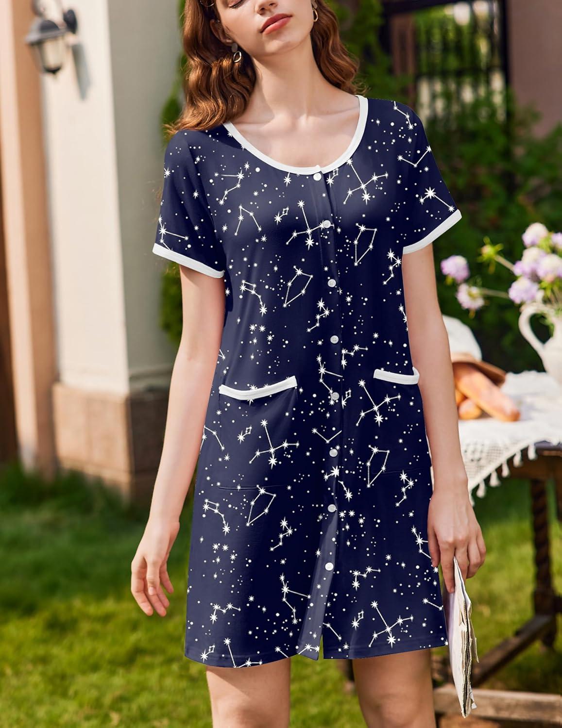 imageEkouaer Nightgowns for Women 2 Pack Button Down Sleep Shirts Short Sleeve Nightshirt Sleepwear House Dress with PocketsBlackNavy Star