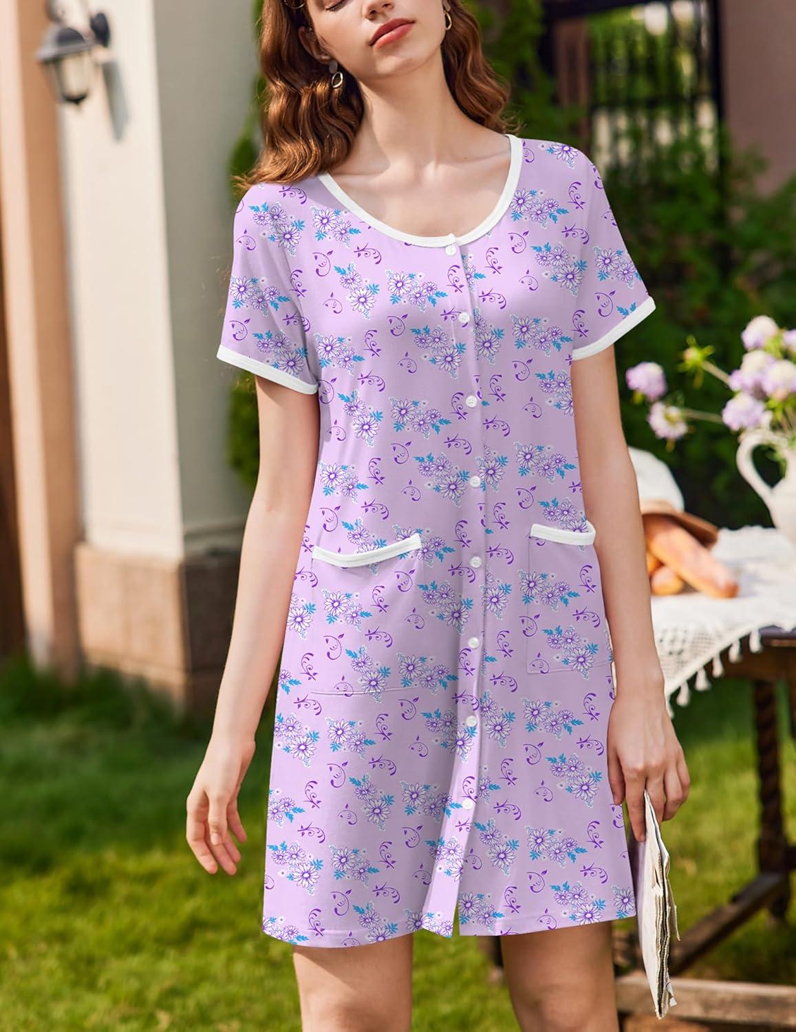 imageEkouaer Nightgowns for Women 2 Pack Button Down Sleep Shirts Short Sleeve Nightshirt Sleepwear House Dress with PocketsBlackPurple Floral