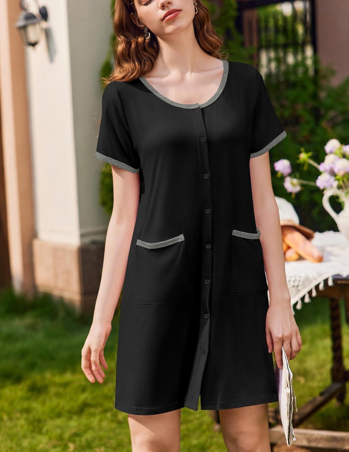 imageEkouaer Nightgowns for Women 2 Pack Button Down Sleep Shirts Short Sleeve Nightshirt Sleepwear House Dress with PocketsBlackWine Red
