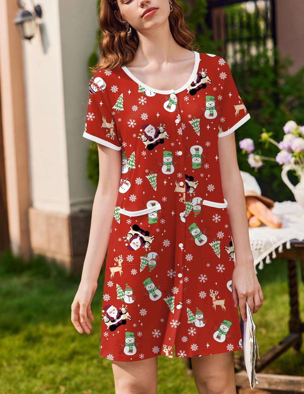 imageEkouaer Nightgowns for Women 2 Pack Button Down Sleep Shirts Short Sleeve Nightshirt Sleepwear House Dress with PocketsBlackXmas