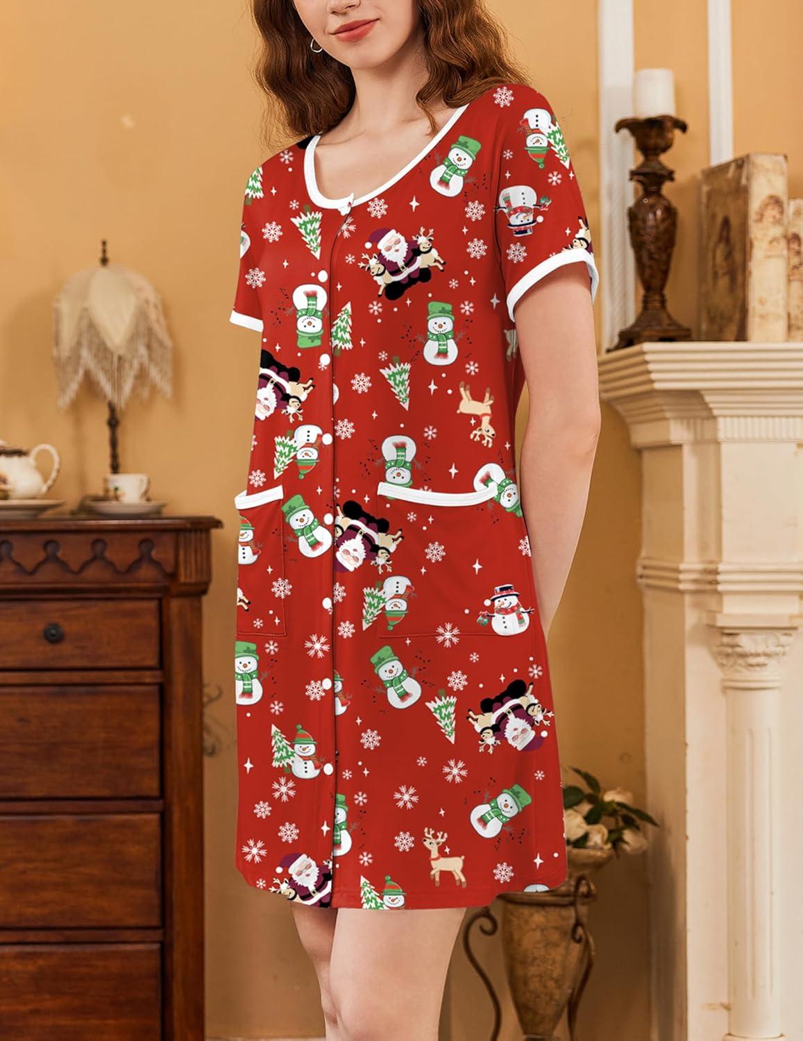 imageEkouaer Nightgowns for Women 2 Pack Button Down Sleep Shirts Short Sleeve Nightshirt Sleepwear House Dress with PocketsBlackXmas