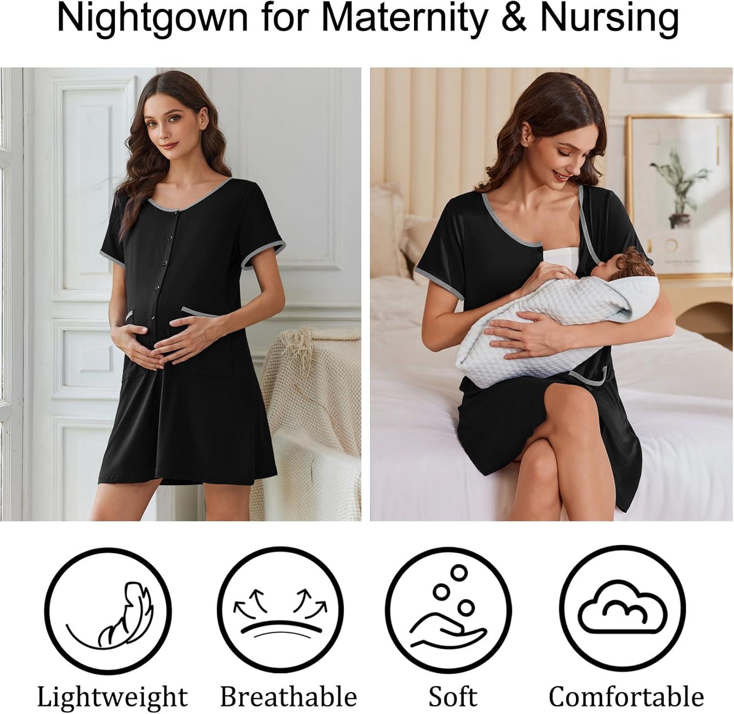 imageEkouaer Nightgowns for Women Bamboo Viscose Button Down Sleep Shirts Short Sleeve Nightshirts House Dress with PocketsBlack
