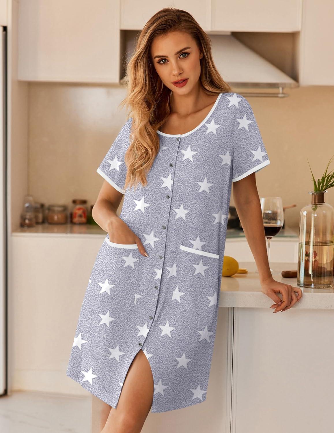 imageEkouaer Nightgowns for Women Bamboo Viscose Button Down Sleep Shirts Short Sleeve Nightshirts House Dress with PocketsGrey Star