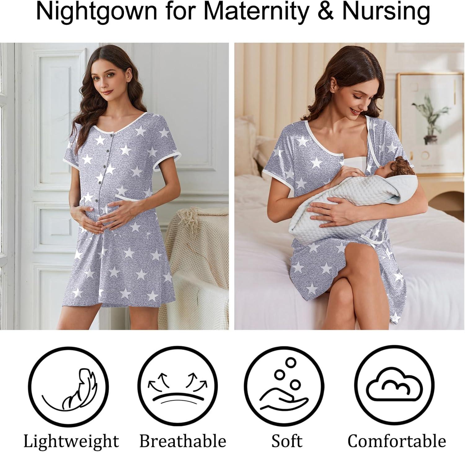 imageEkouaer Nightgowns for Women Bamboo Viscose Button Down Sleep Shirts Short Sleeve Nightshirts House Dress with PocketsGrey Star