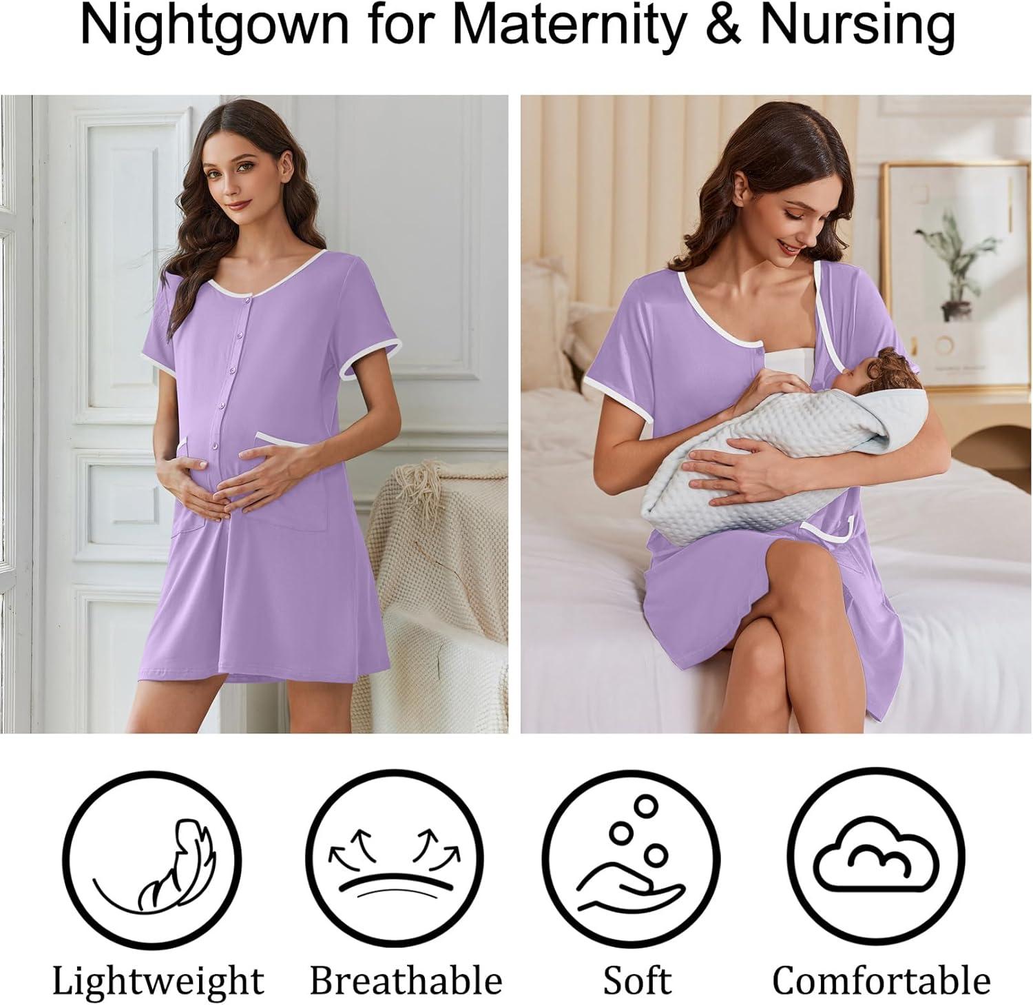 imageEkouaer Nightgowns for Women Bamboo Viscose Button Down Sleep Shirts Short Sleeve Nightshirts House Dress with PocketsLight Purple