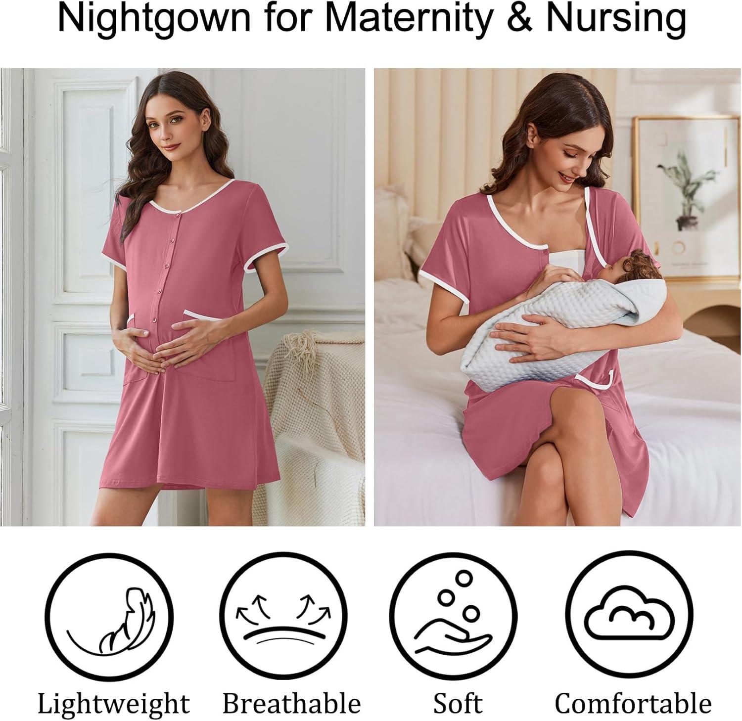imageEkouaer Nightgowns for Women Bamboo Viscose Button Down Sleep Shirts Short Sleeve Nightshirts House Dress with PocketsPeach Red
