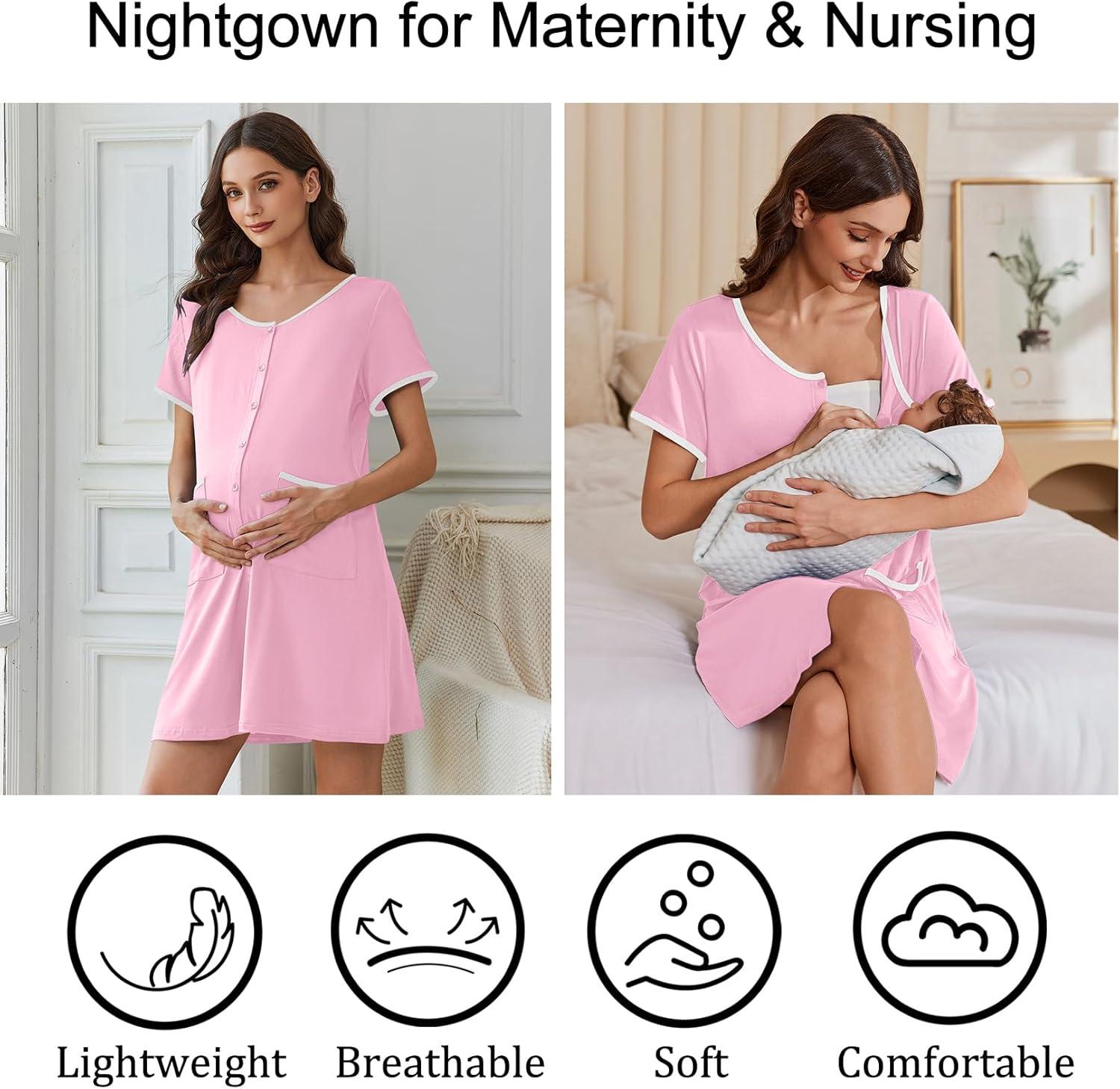 imageEkouaer Nightgowns for Women Bamboo Viscose Button Down Sleep Shirts Short Sleeve Nightshirts House Dress with PocketsPink