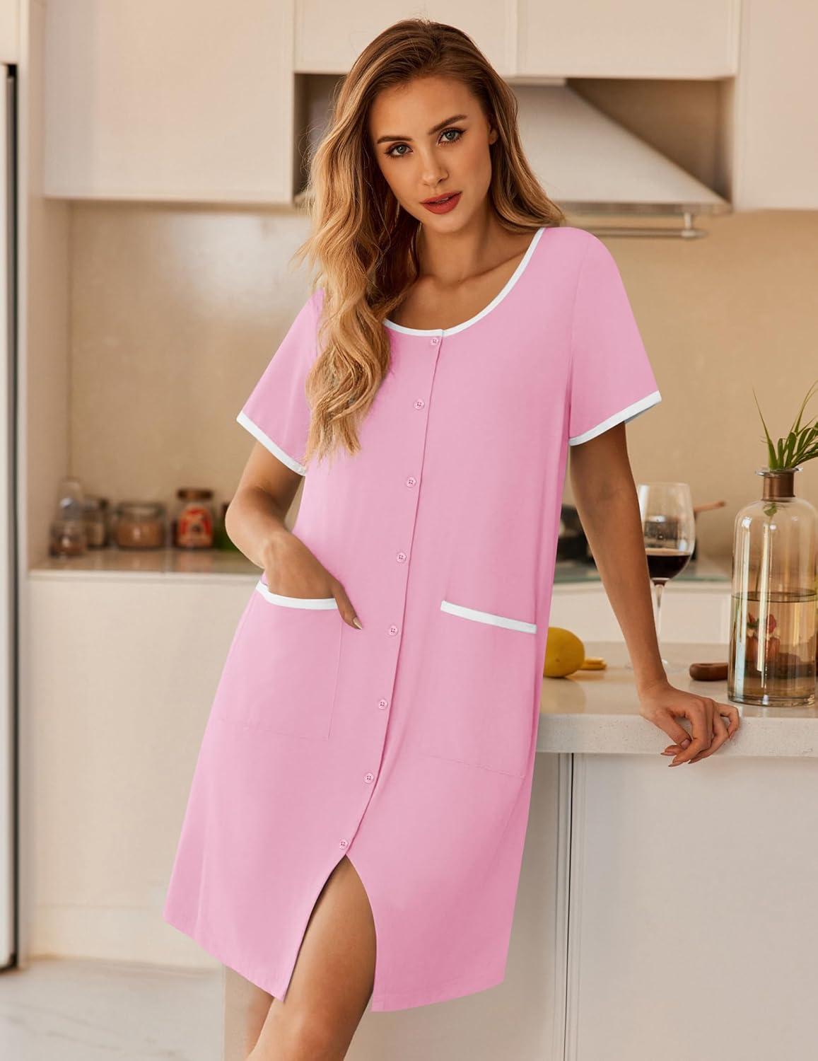 imageEkouaer Nightgowns for Women Bamboo Viscose Button Down Sleep Shirts Short Sleeve Nightshirts House Dress with PocketsPink