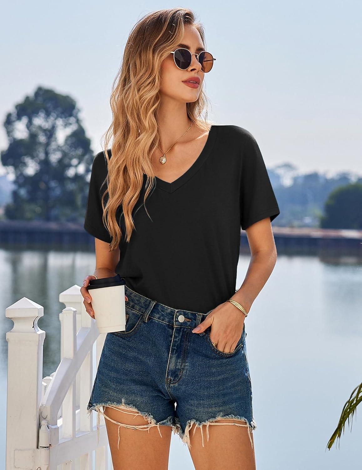 imageEkouaer Nightgowns for Women Bamboo Viscose Sleep Shirts Short Sleeve Night Shirts Casual Sleep Dress Soft SleepwearBlack
