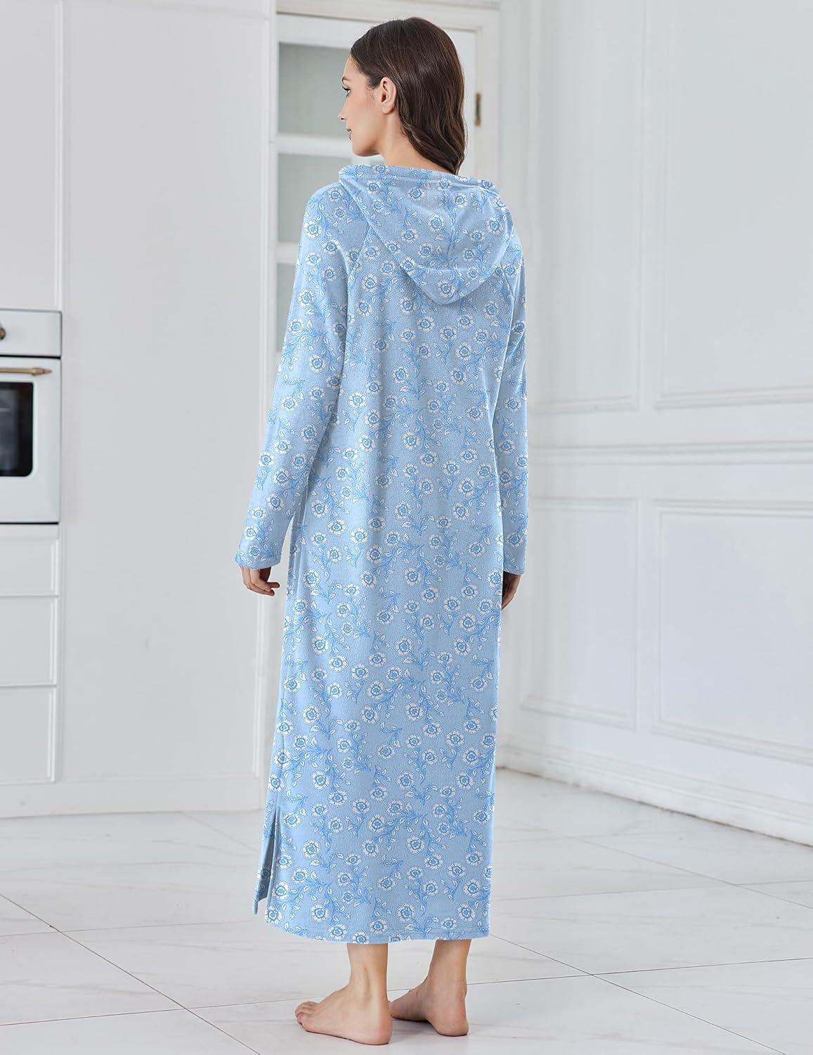 imageEkouaer Nightgowns for Women Fleece Nightgown Long Sleeve Sleepwear Hooded Night Gown Long Sleep Shirt with PocketBlue Flower