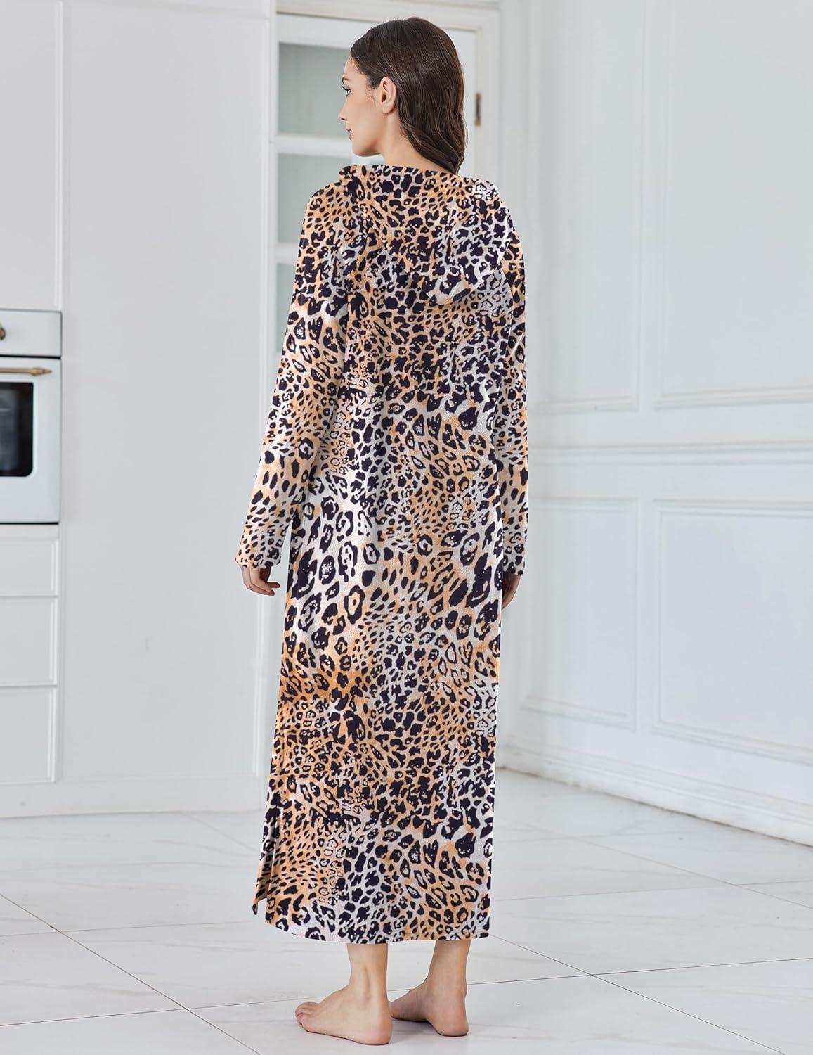 imageEkouaer Nightgowns for Women Fleece Nightgown Long Sleeve Sleepwear Hooded Night Gown Long Sleep Shirt with PocketLeopard